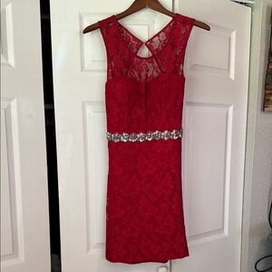 Elegant Red Lace Dress with Silver Accents